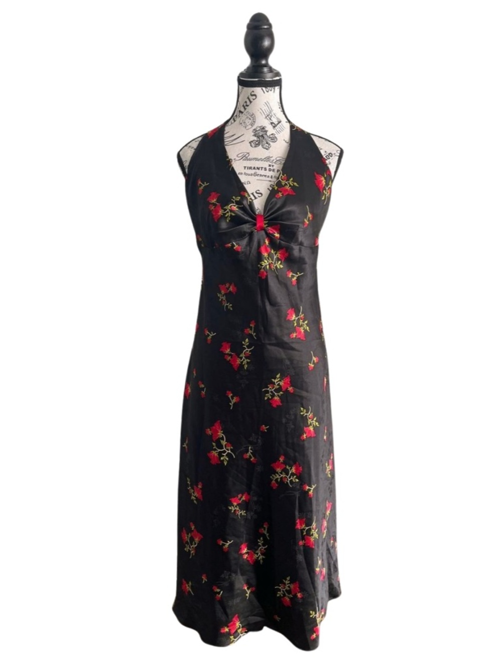 Y2K Jones New York Black Slip Midi Dress with Red Floral Roses Grunge Goth XL